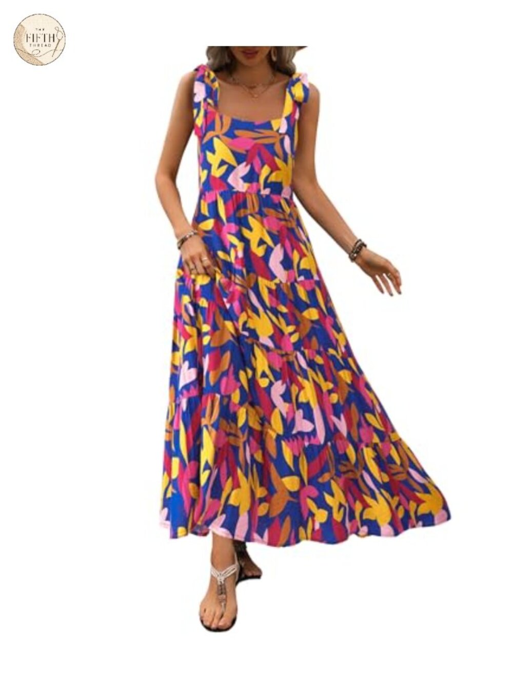 Women Floral Sleeveless Maxi Dress Square Neck Loose Fit A-Line Beach